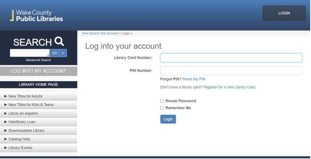 Wake County Public Library login page