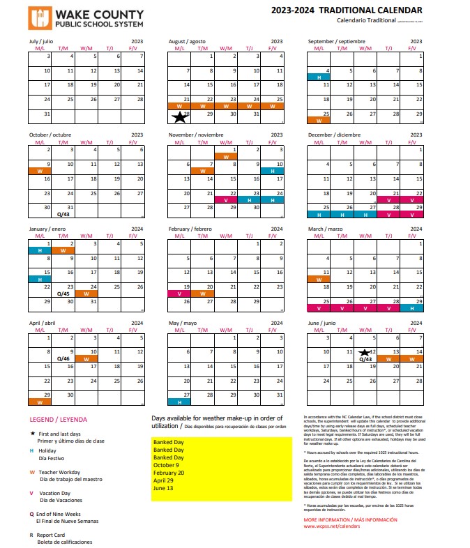 WCPSS Traditional Calendar 